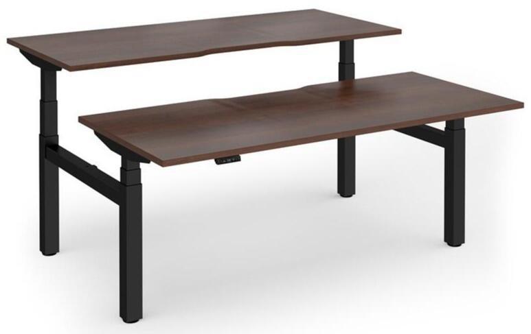DAMS Elev8 Touch sit-stand desk, walnut tops on a black frame, back-to-back pair with one desk raised