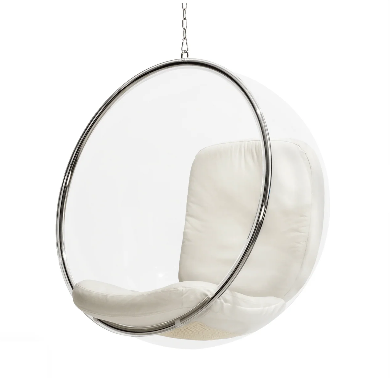 Eero Aarnio Bubble Chair, clear acrylic shell on its stainless steel ring with white leather cushions