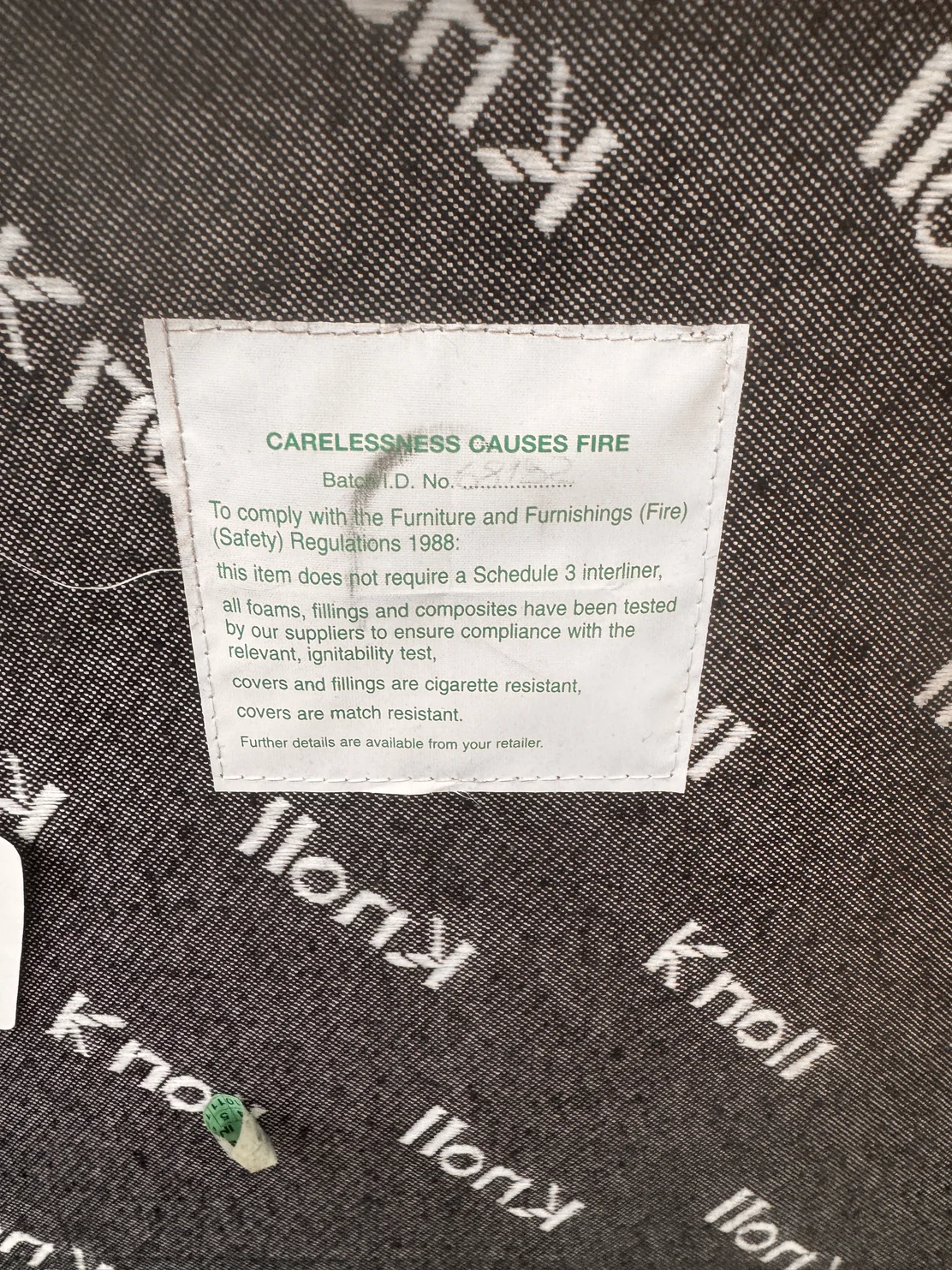 Knoll Brno Chair Black Tubular Hardware Knoll fabric label and UK fire safety tag