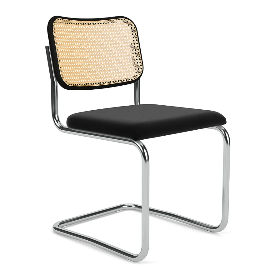 Knoll Cesca Chair upholstered, single chair showing the cane back and chrome cantilever frame