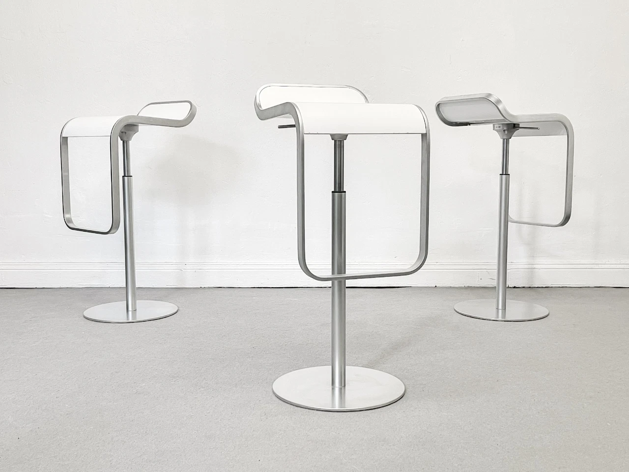 La Palma LEM height adjustable stool white seat with silver hardware, three stools