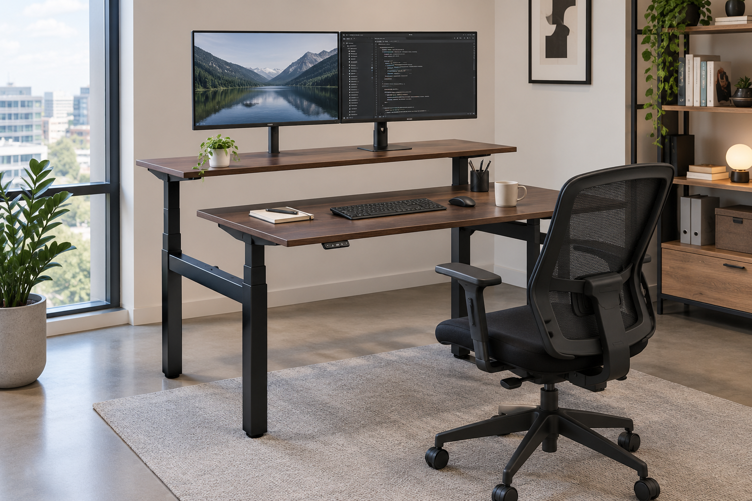 DAMS Elev8 Touch sit-stand desk for 2 people in an office, one side raised to standing height
