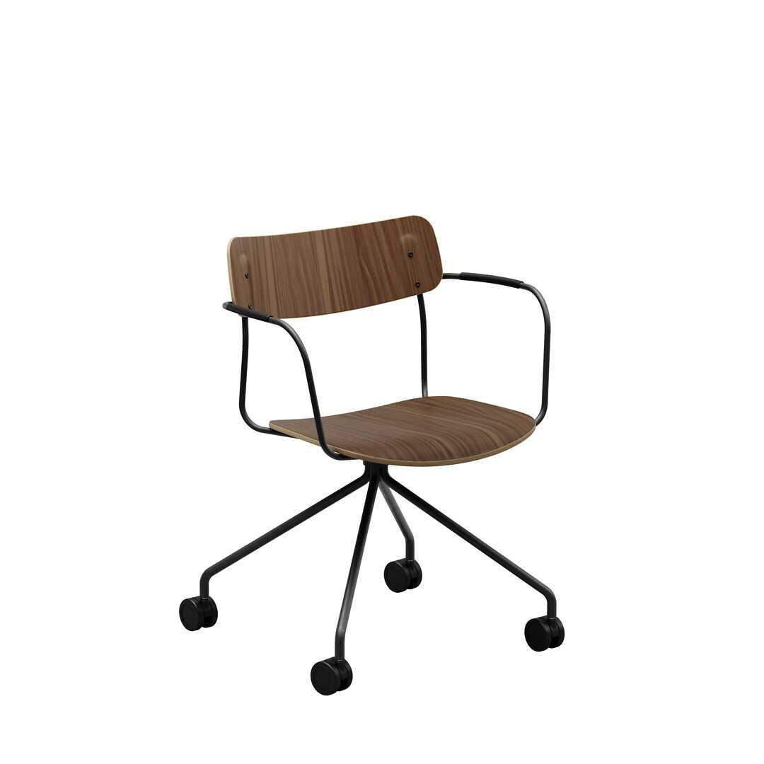 Martela Ella chair in walnut with black arms, shown on a four-star swivel base on castors