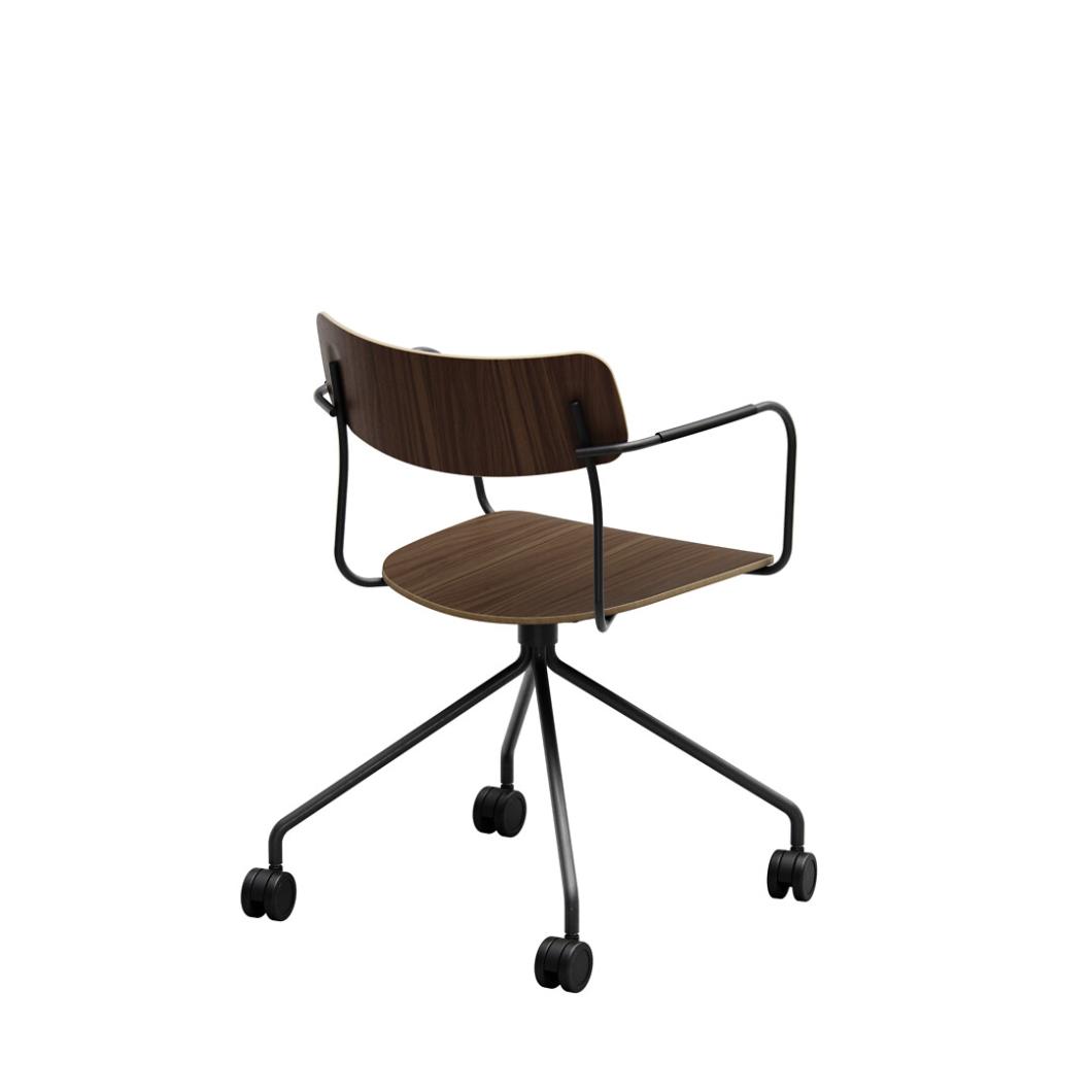 Martela Ella chair in walnut, rear three-quarter view showing the back, arms and castor base