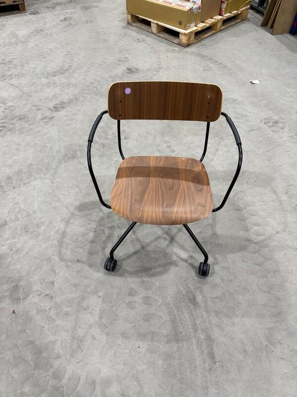 Martela Ella chair in walnut with black arms, four-leg base on castors, the actual chair