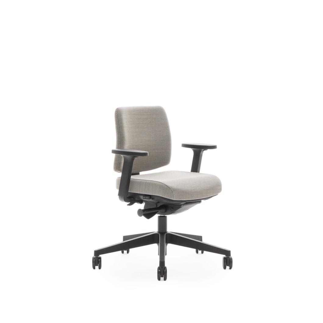 Martela James task chair in light grey with black arms and a black five-star castor base