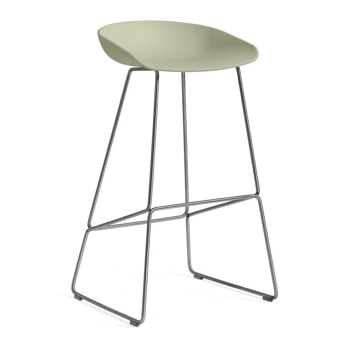 HAY About A Stool AAS 38 in pastel green, a single stool from the set of four, three-quarter view on its stainless steel sled base