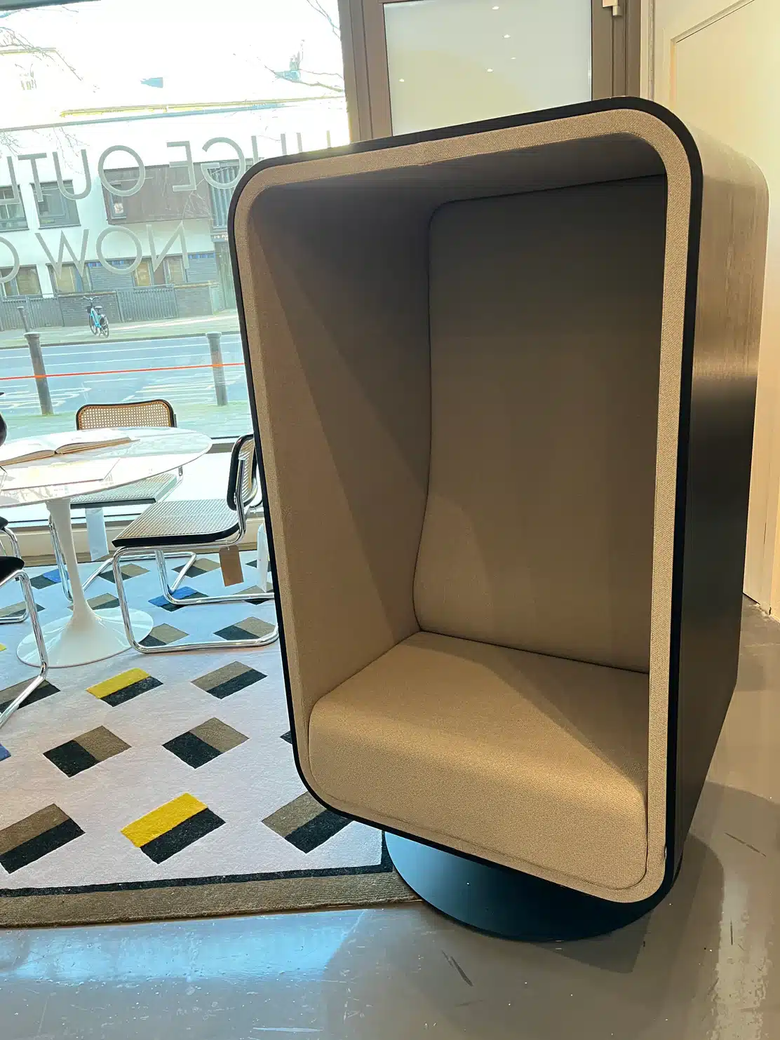 Loook The Box Lounger in beige, three-quarter view from the left showing the open side