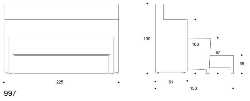 Martela Beatbox Mobile Auditorium dimensioned drawing showing the width, tier heights and the closed and extended depths