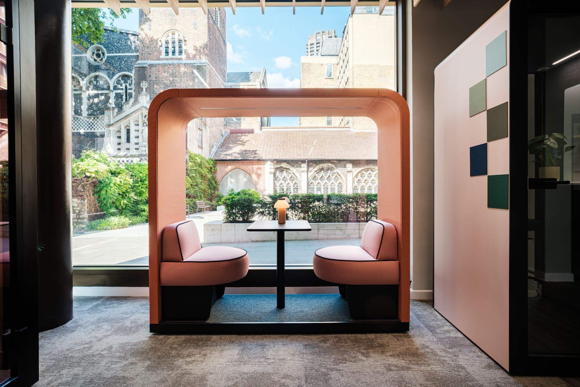 Silen Bridges Mobile in clay with shrimp upholstery, front view of a single booth