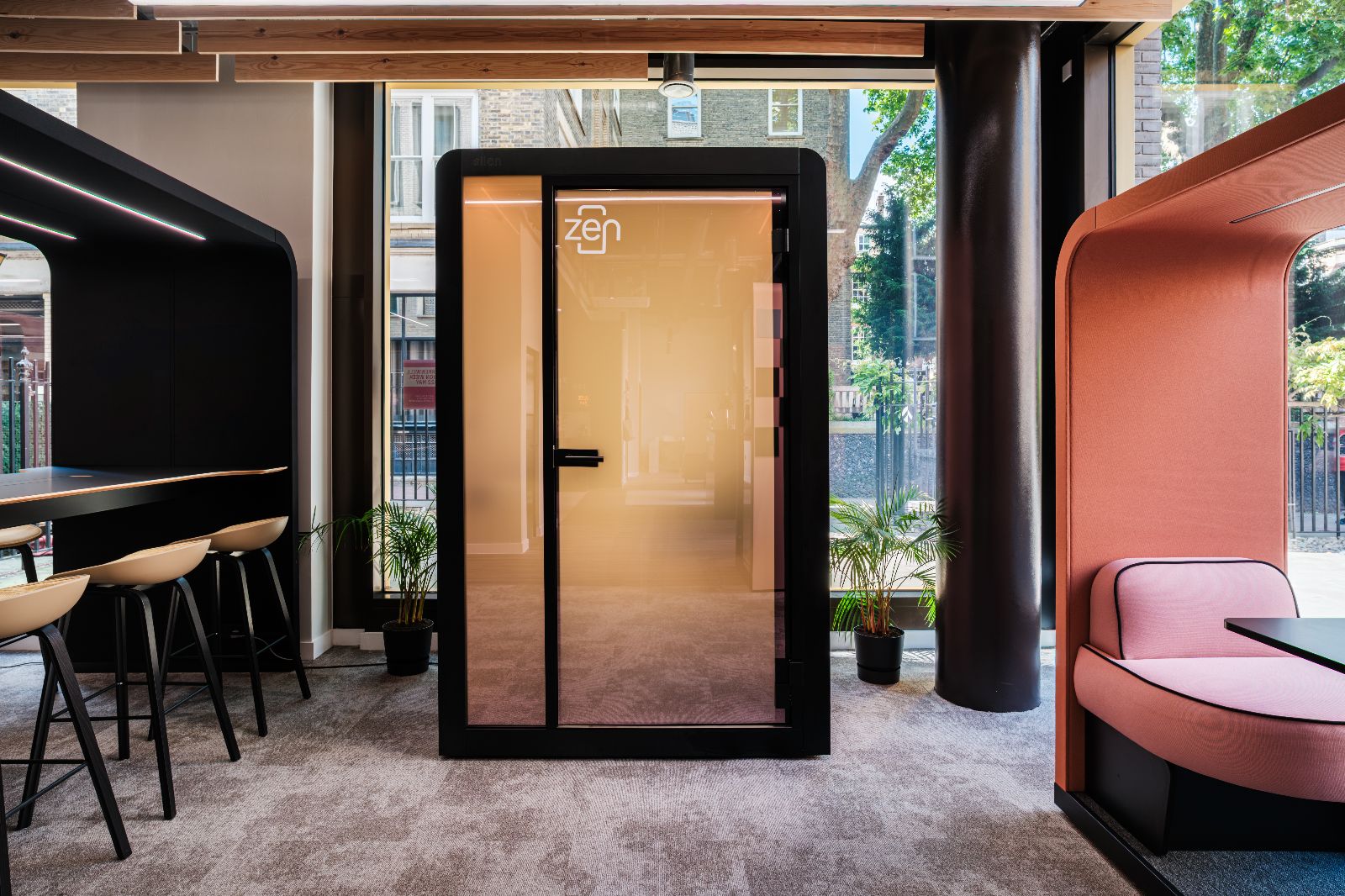 Silen Zen work pod 1.5 with the smart glass switched to private, front view